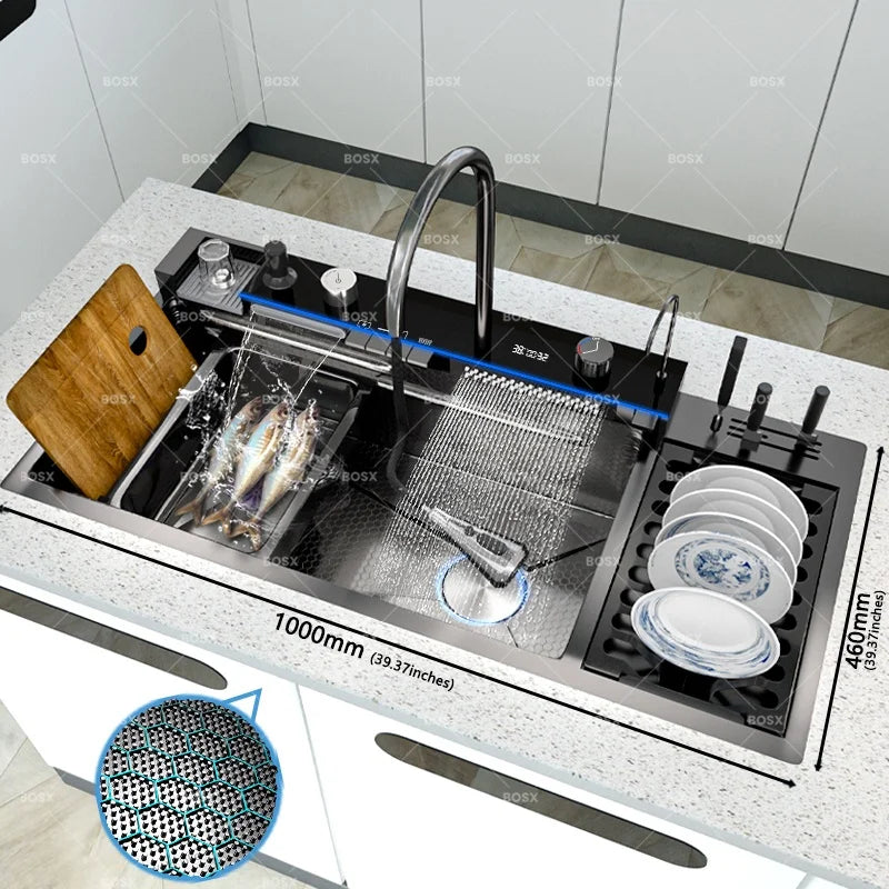 Waterfall Stainless Steel Sink Digital Display Faucet Wash