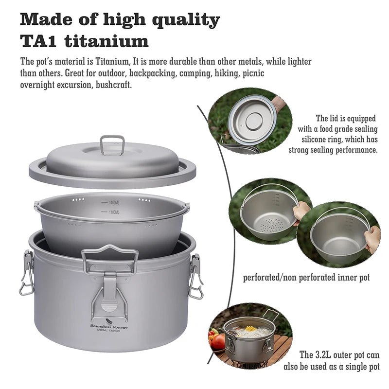 Boundless Voyage Titanium Camping Pot 2l Cooker Ultralight