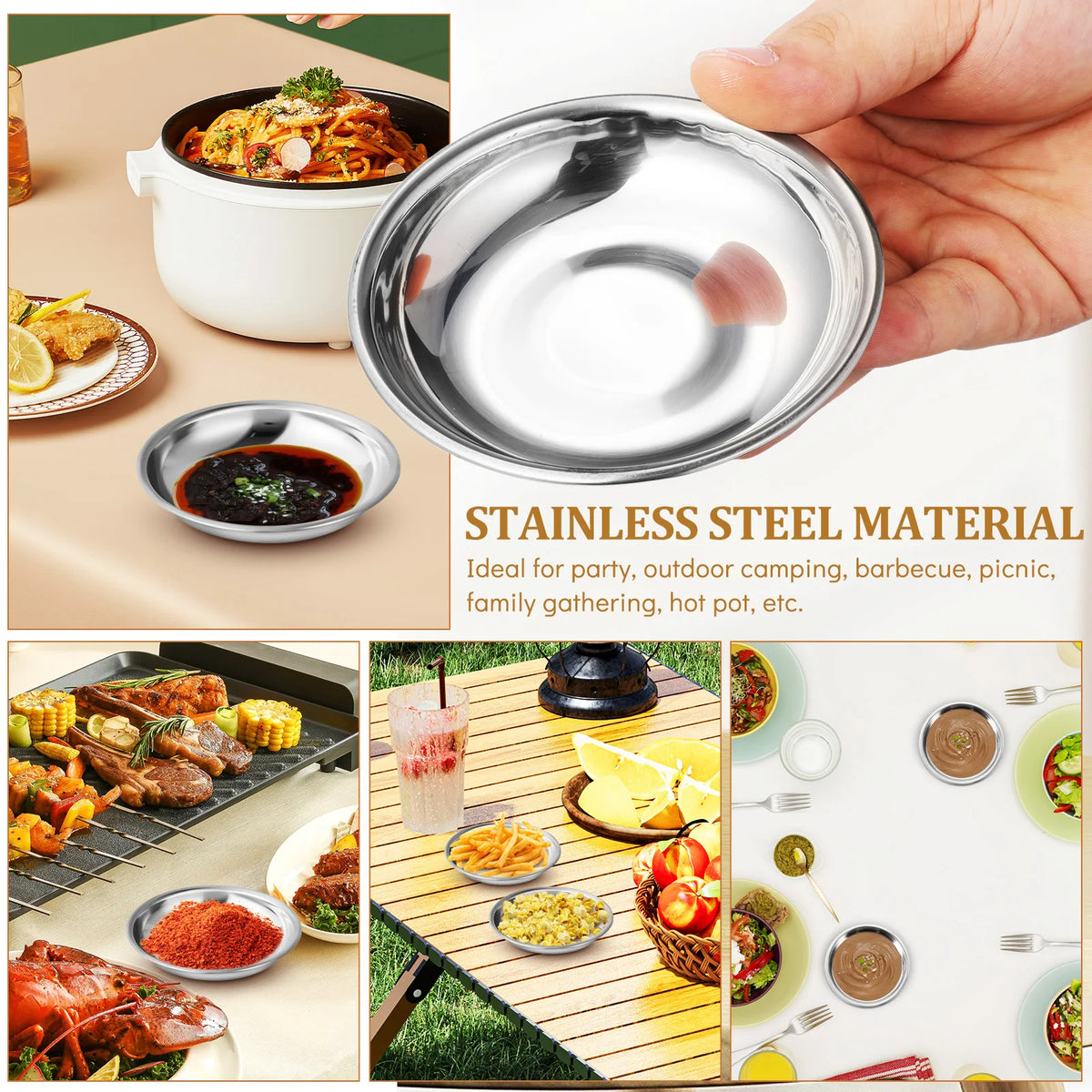10pcs Dish Sauce Dipping Plate Bowls Stainless Steel
