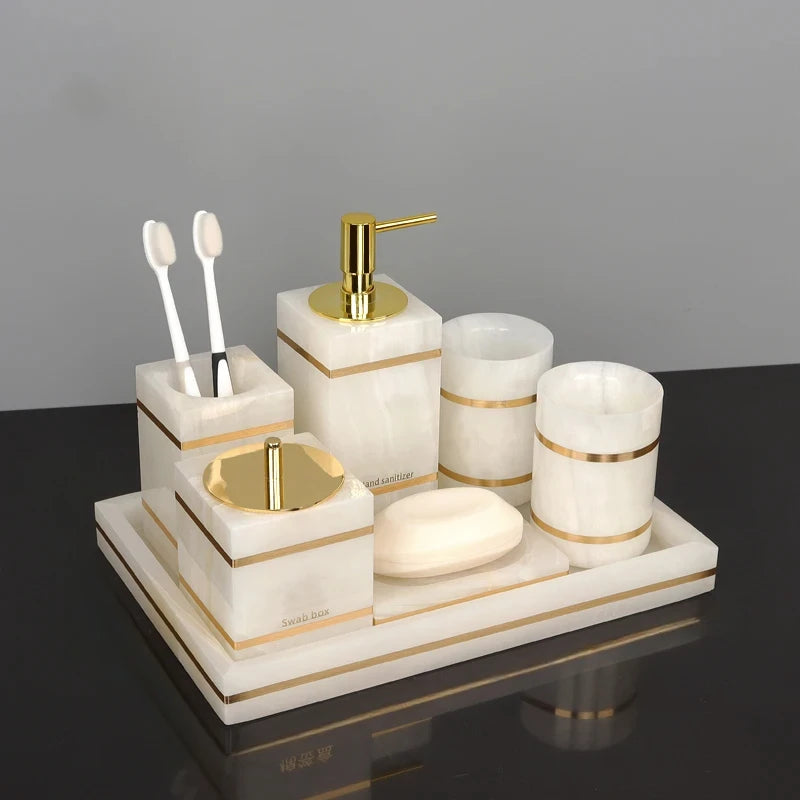 Natural Marble Bathroom Luxury Golden Soap Dispenser Toothbrush