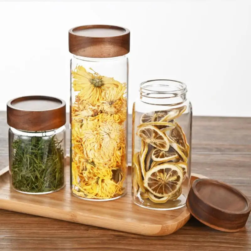 Coffee Beans Sealed Tank Transparent Glass Container Wood
