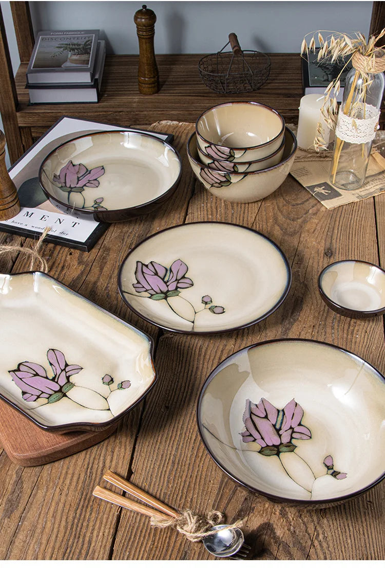 Ceramic Hand-Painted Flowers Creative Dish Plate Japanese