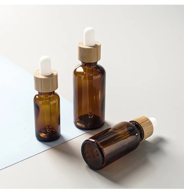 5ml-100ml Dropper Bottle Bamboo Wood Lid Brown Glass