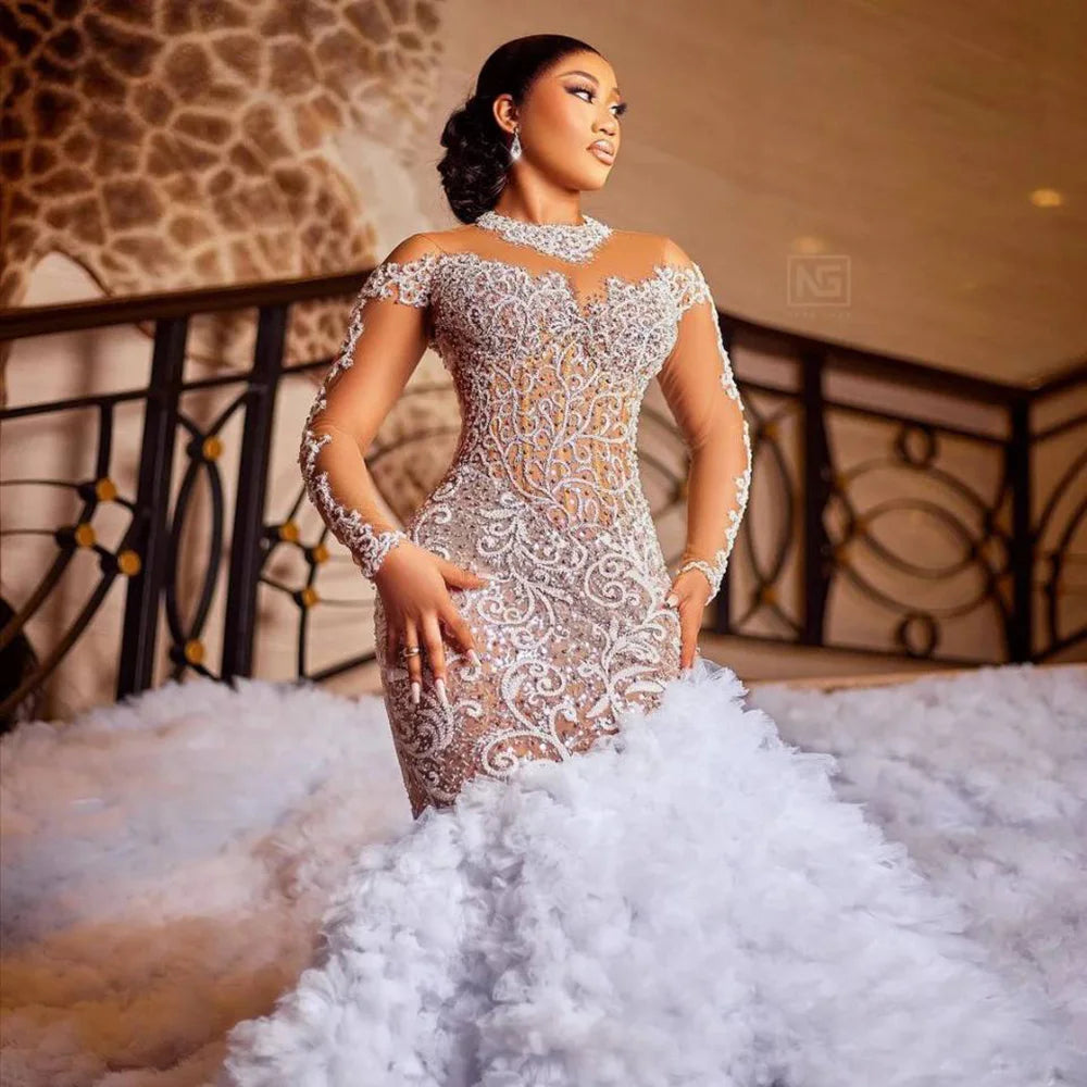 Exquisite Lace Mermaid Wedding Dresses Shine Crystal Lllusion