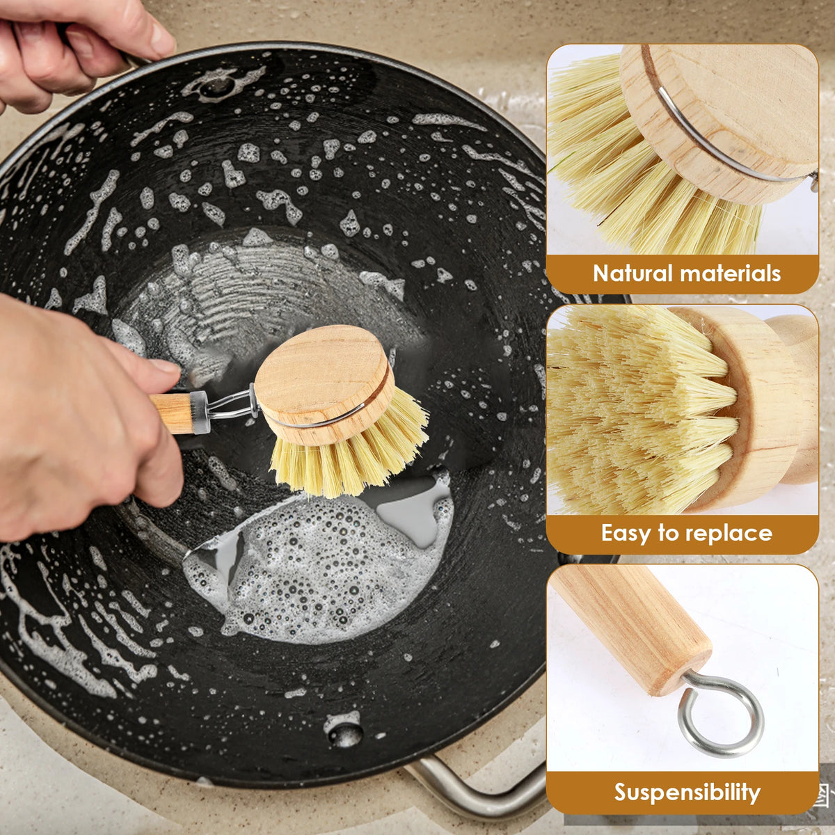 3/4/5/10pcs Bamboo Dish Scrub Brushes Replaceable Dish Brush
