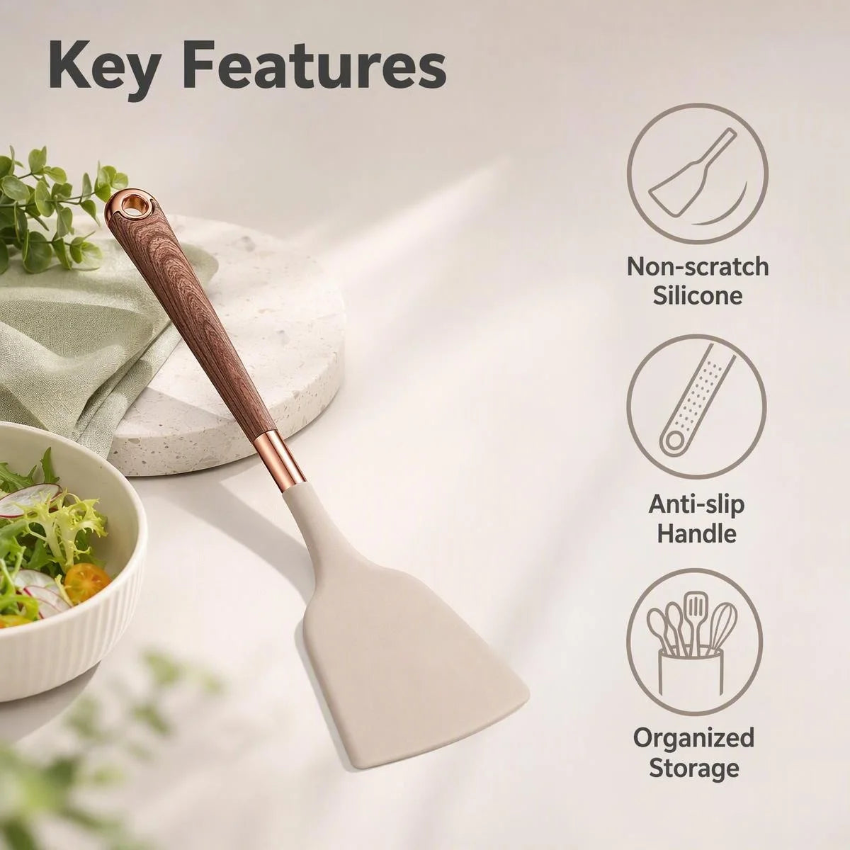 Wood Grain Handle Silicone Utensil Food Grade Non-Stick