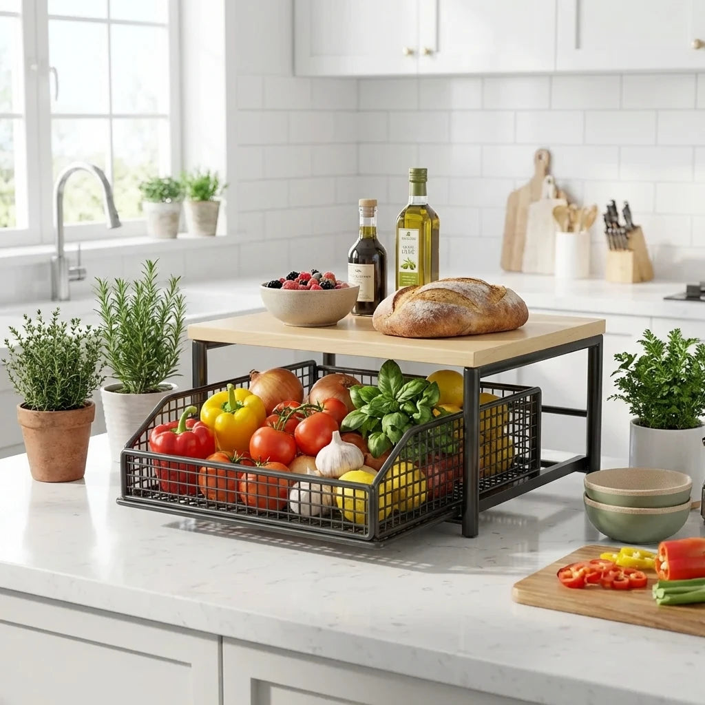 2-Tier Organizer Rack Sliding Drawer Metal Microwave Stand
