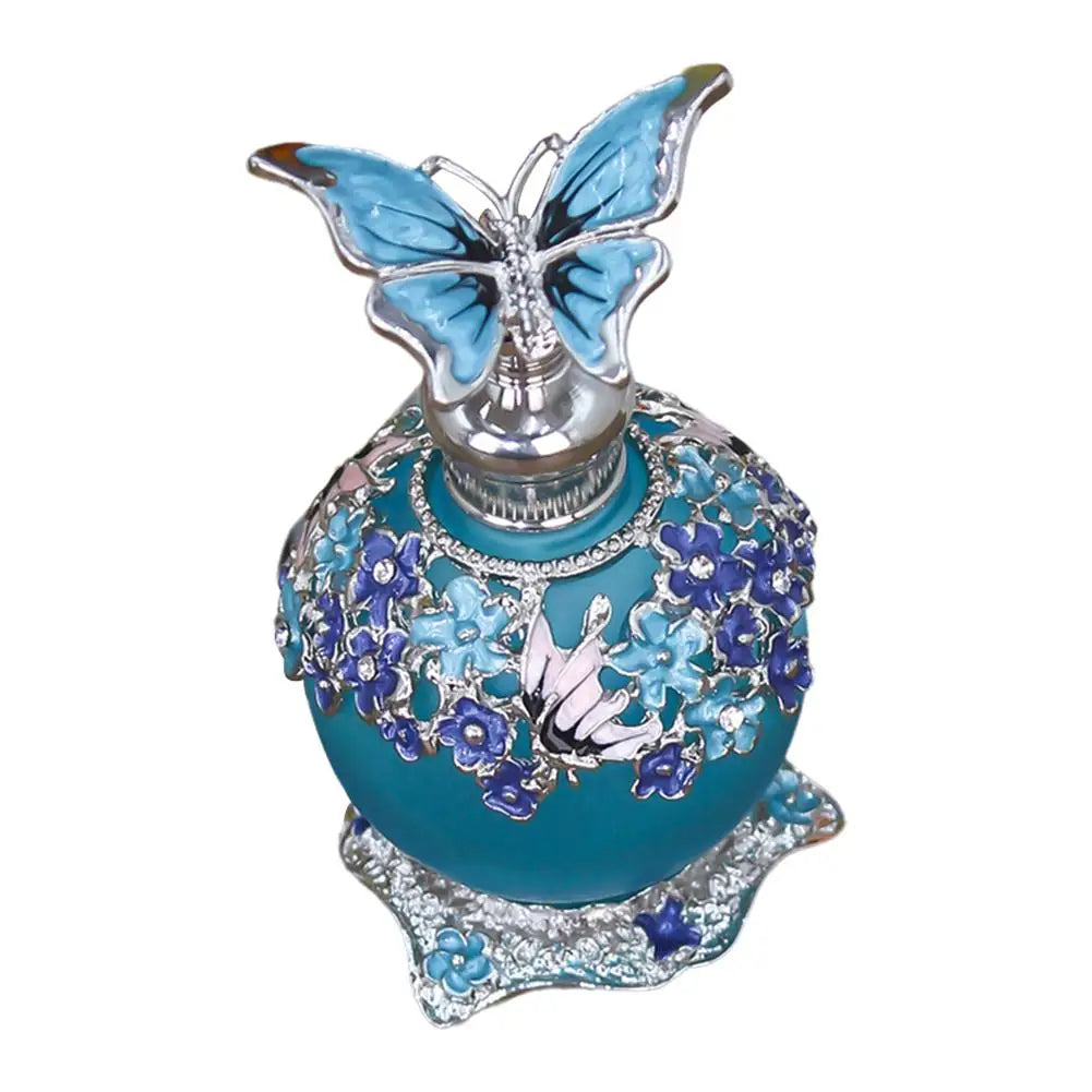 Vintage Perfume Bottle Metal Enameled Frosted Glass Container