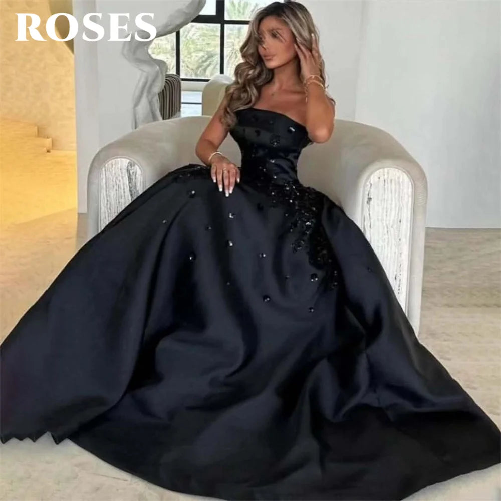 Roses Black Formal Dress Stain Strapless Party Dress