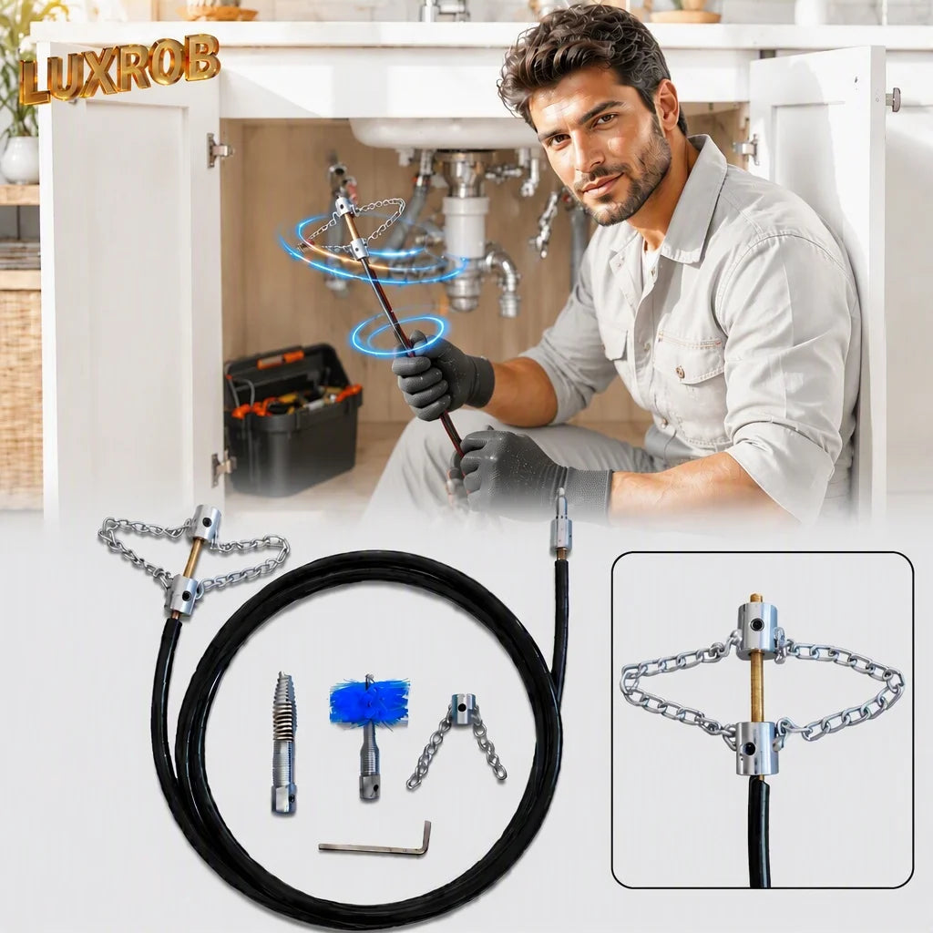 Drain Snake Pipe Cleaning Kit Interchangeable Attachments Heavy