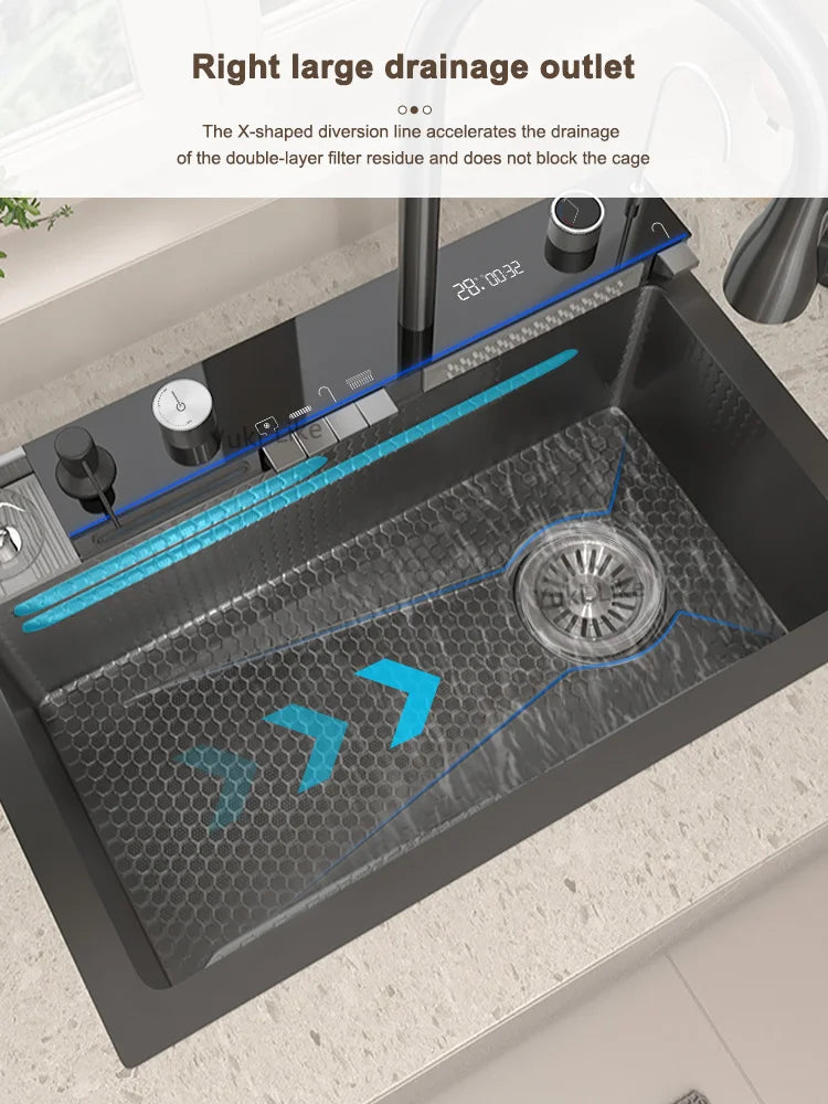 Stainless Steel Waterfall Sink Digital Display Large Slot