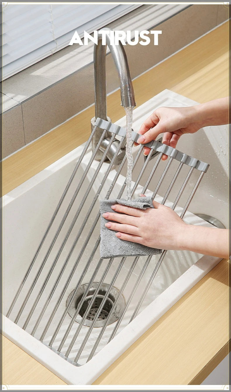 Roll Up Sink Drain Rack Stainless Steel Foldable
