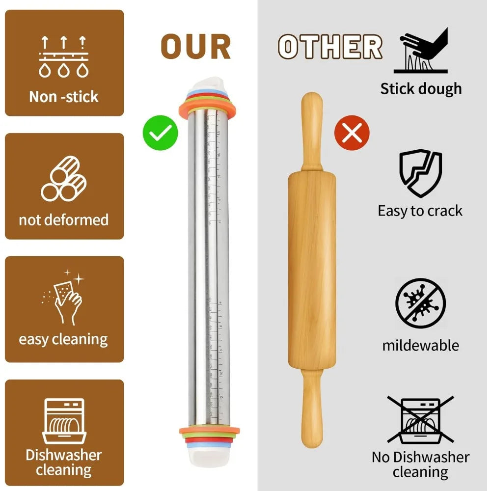 Rolling Pin Silicone Baking Pastry Mat Stainless Steel