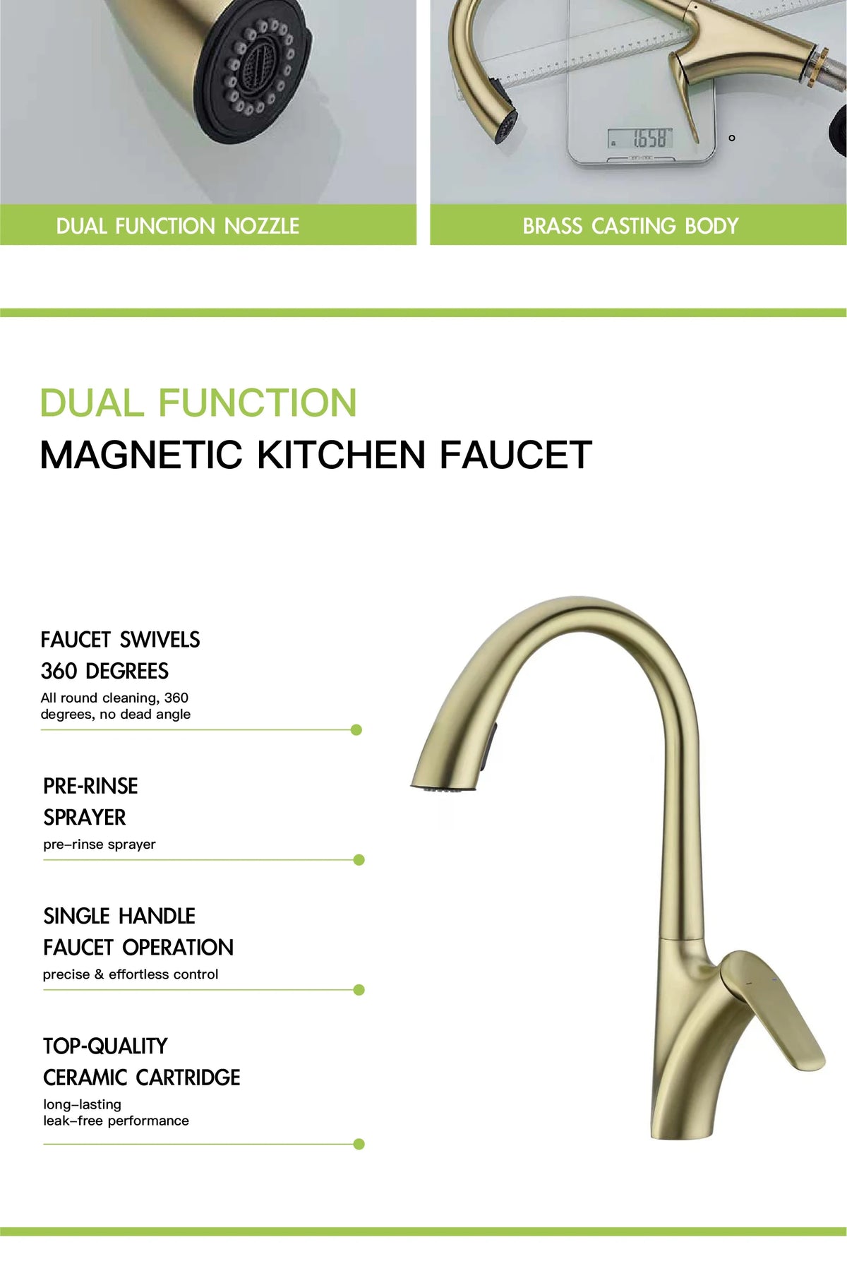Luxury Brushed Gold Brass Faucet Pull-Out Design 2-Function