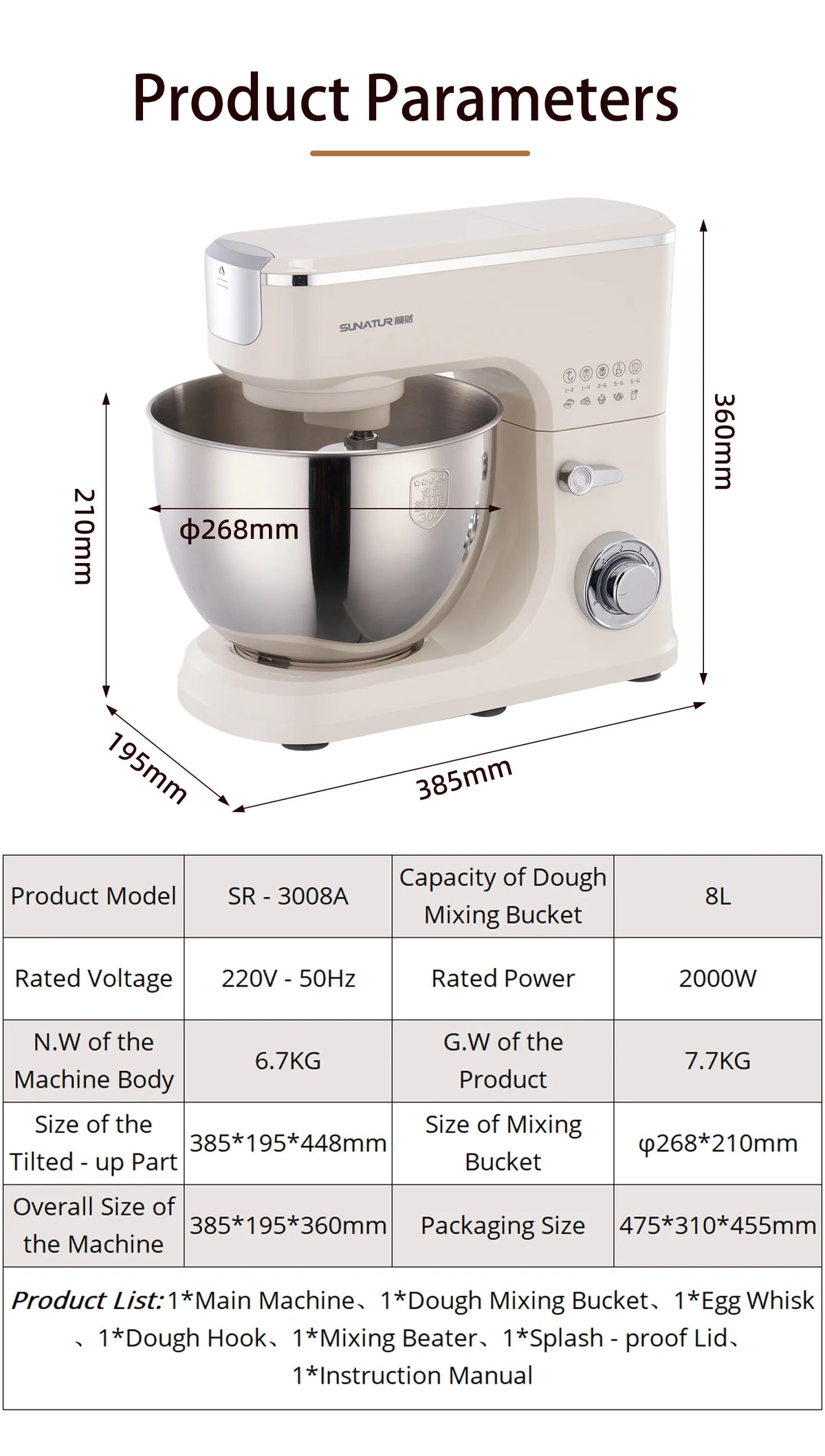 Sunatur 8l Stand Mixer Machine 2000w Electric Blender
