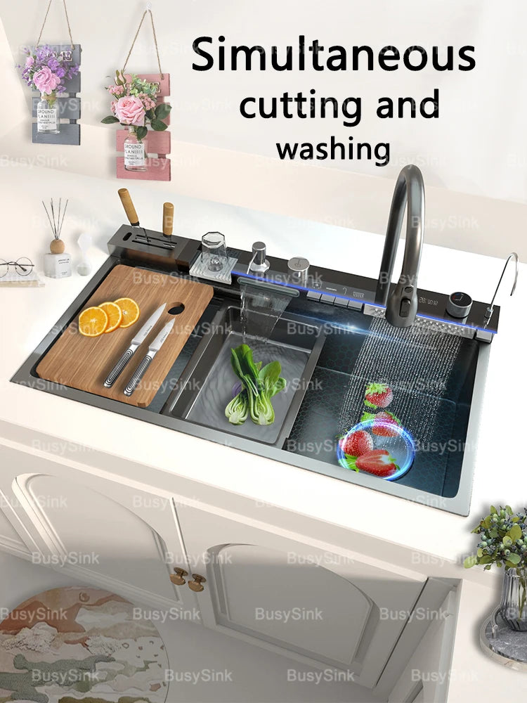 Stainless Steel Waterfall Sink Extra Large Bowl Digital