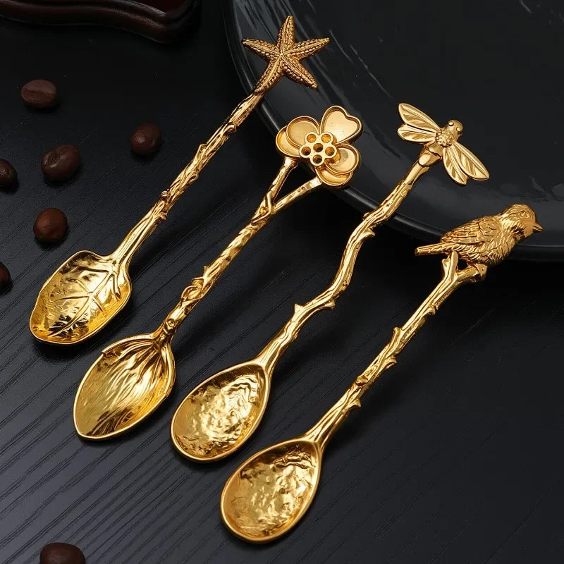 Retro Metal Coffee Spoon Dragonfly Branches Leaves Shape