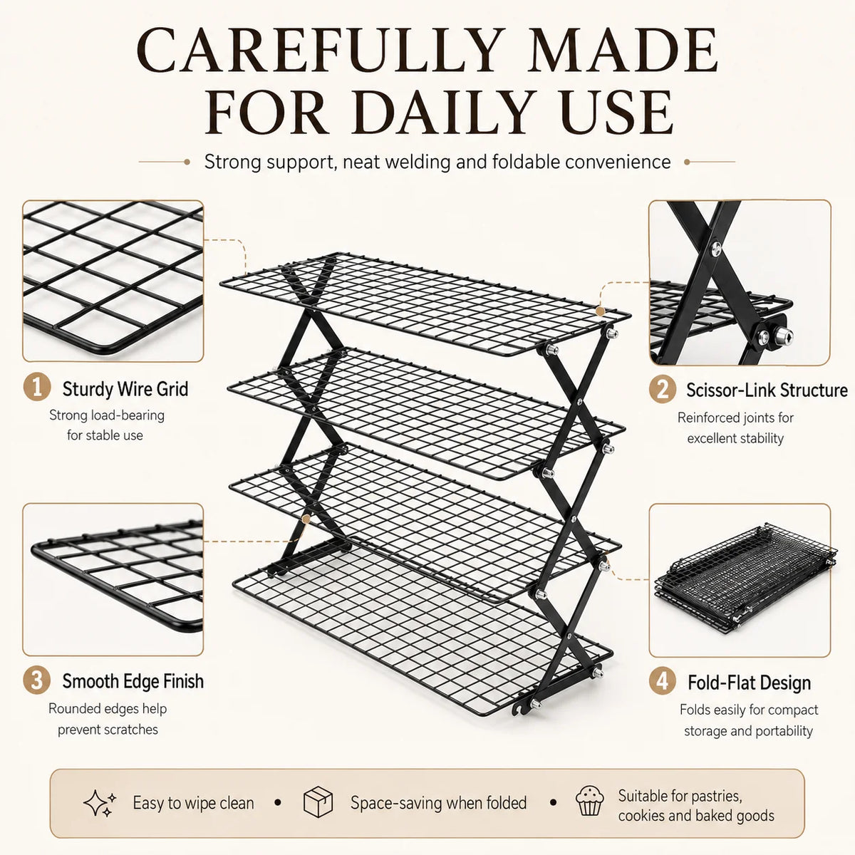 Uwhise 2/3/4-Tier Foldable Baking Cooling Rack Non-Stick Wire