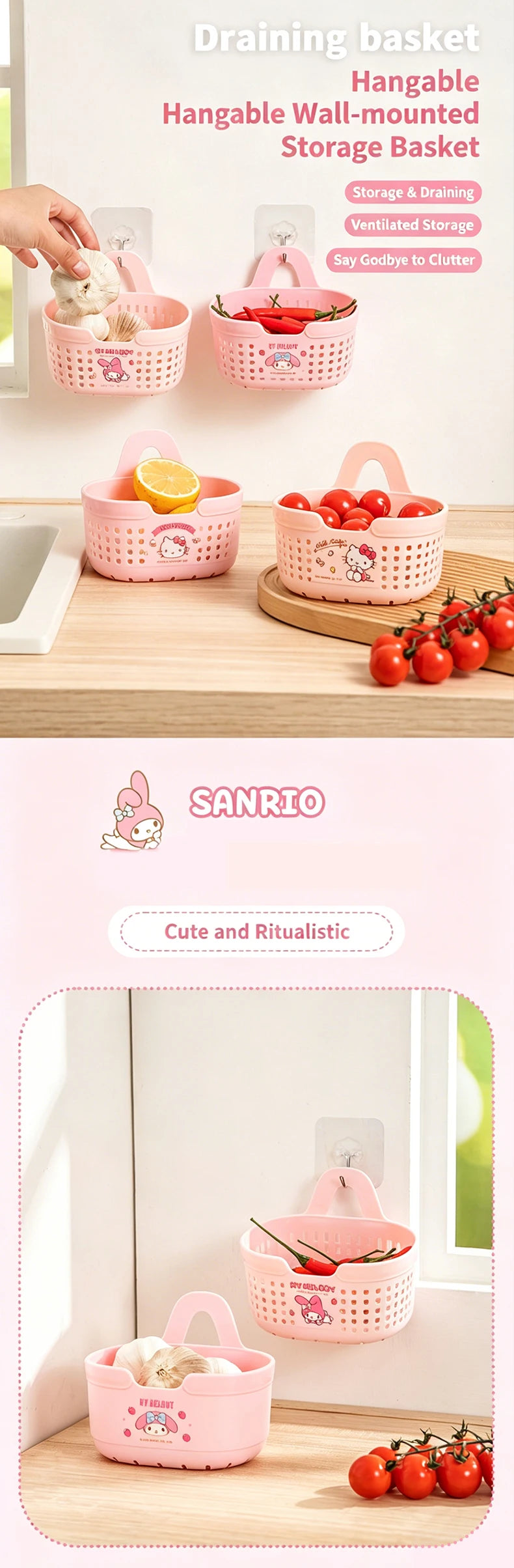 Sanrio Licensed Hanging Drain Basket Hello Kitty Melody