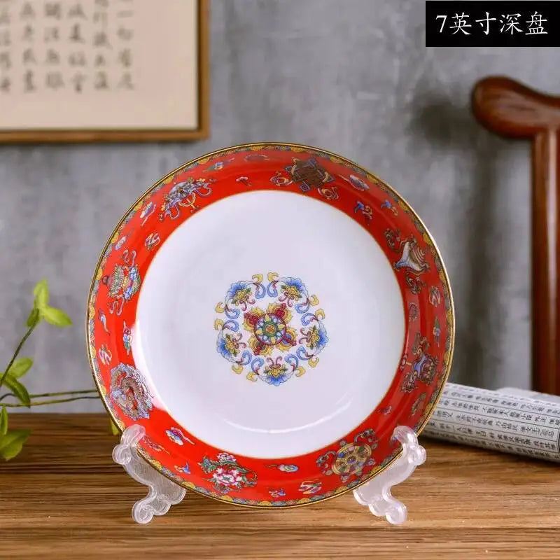 Gold Border Enamel Deep Plate Chinese Bone China
