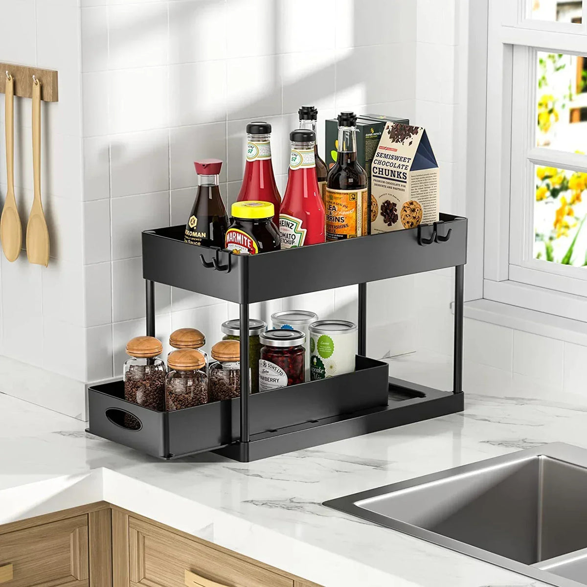 1pc Tier Under Sink Organizer Sliding Cabinet Basket