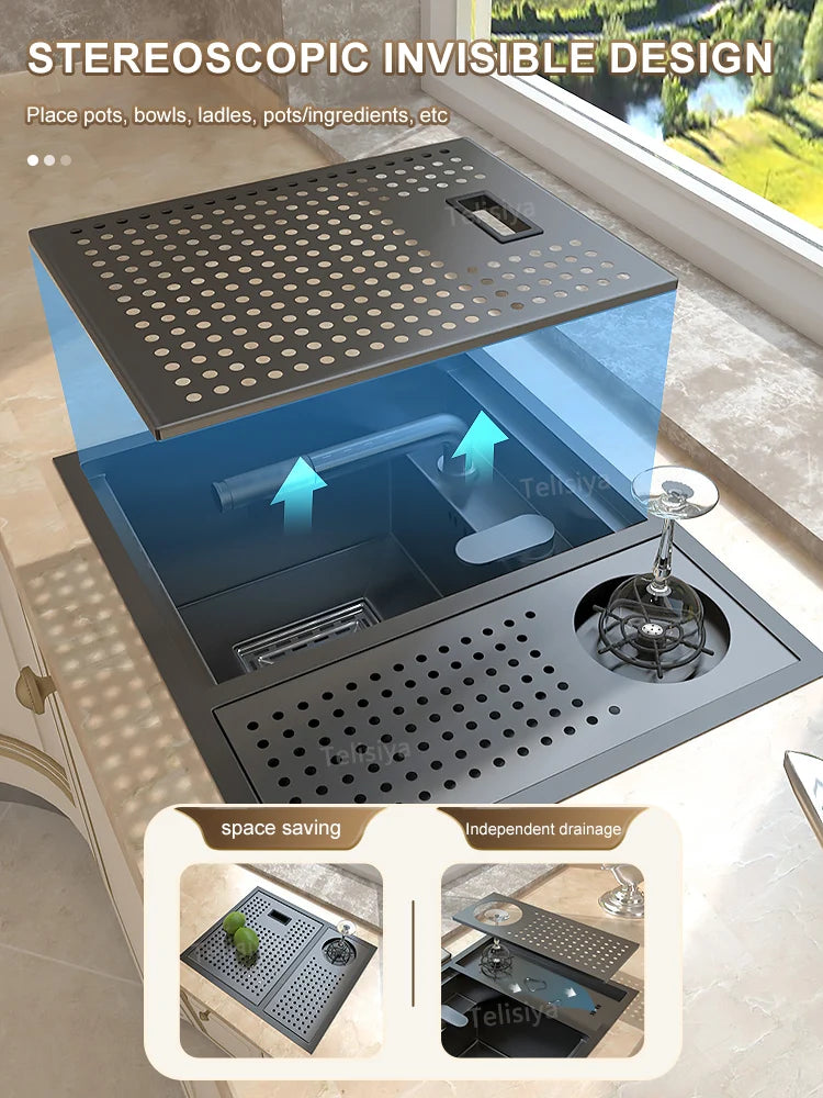 Stainless Steel Hidden Sink Lid Balcony Bar Apartment