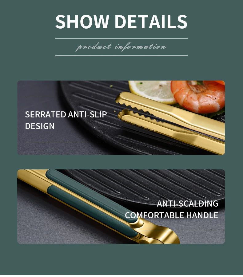Gold Stainless Steel Food Tongs Non-Slip Serving Tongs