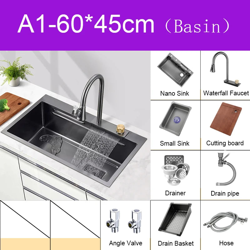 Black Nano Sink Waterfall Faucet Large Bowl Cup