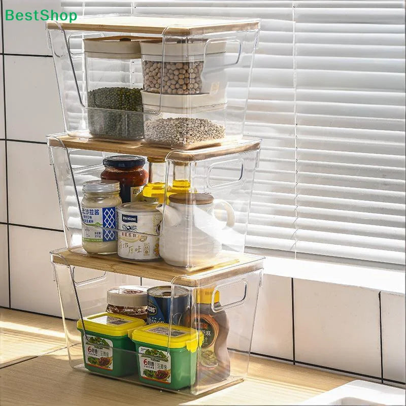 Stackable Pantry Organizers Wooden Lids Storage Clear Bins