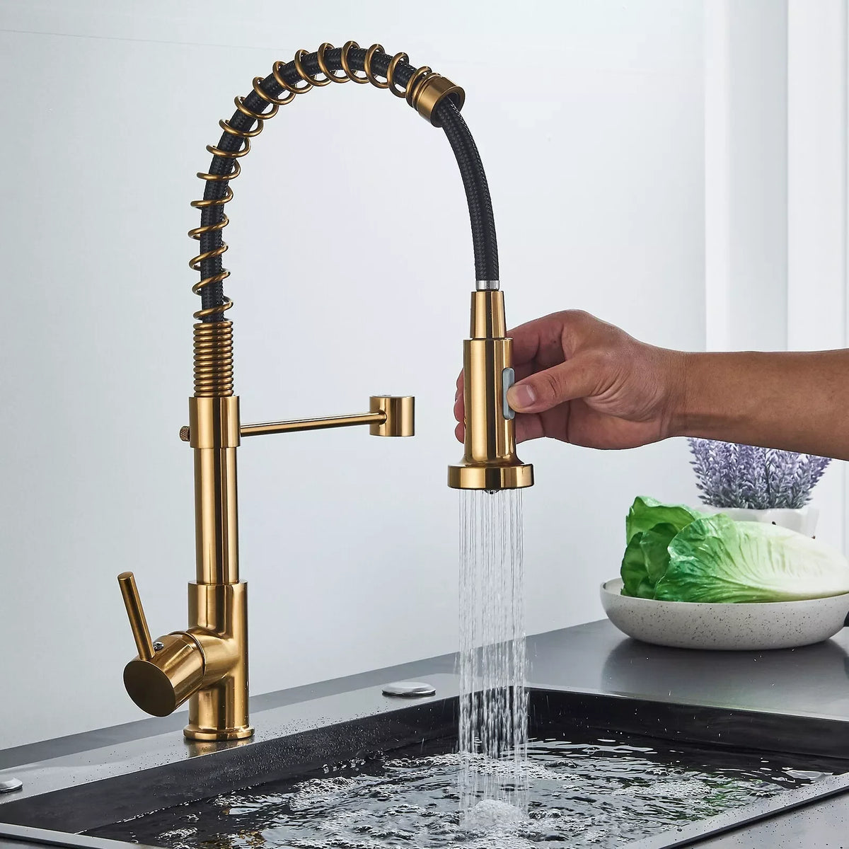 Brushed Gold Sink Faucet One Handle Spring Cold