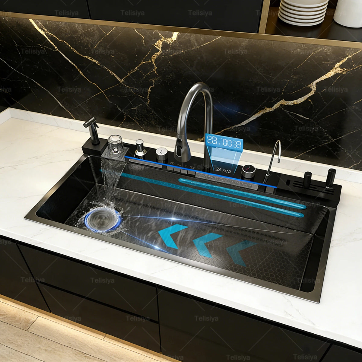 Stainless Steel Sink Digital Display Waterfall Large Slot