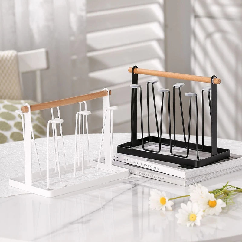 6-Cup Glass Cup Drying Rack Wooden Handle Countertop
