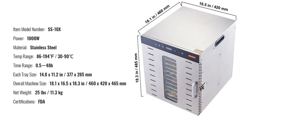 Succebuy Food Dehydrator Machine 10 Stainless Steel Trays