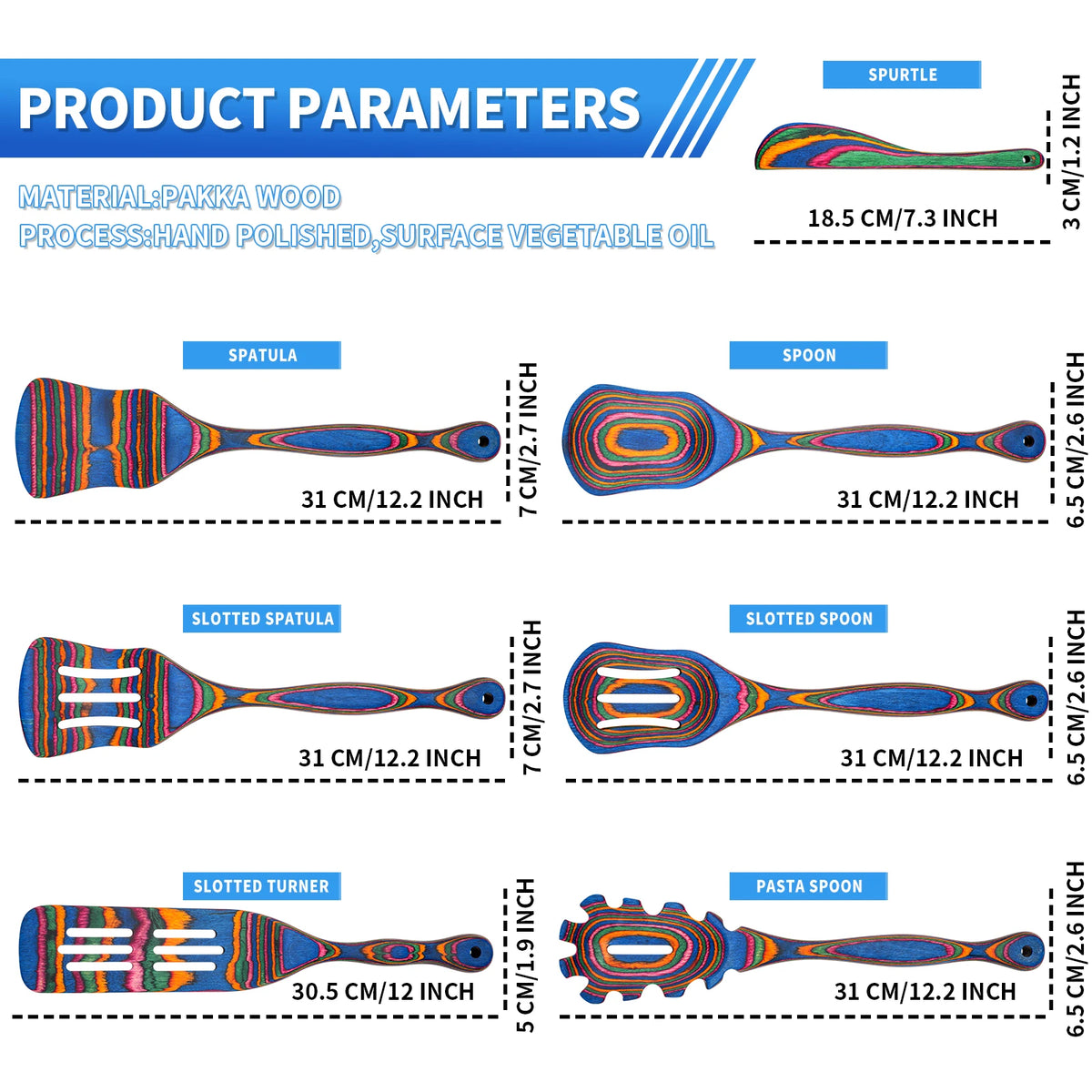 7pcs Blue Pakkawood Wooden Cooking Utensils Wooden Spoons