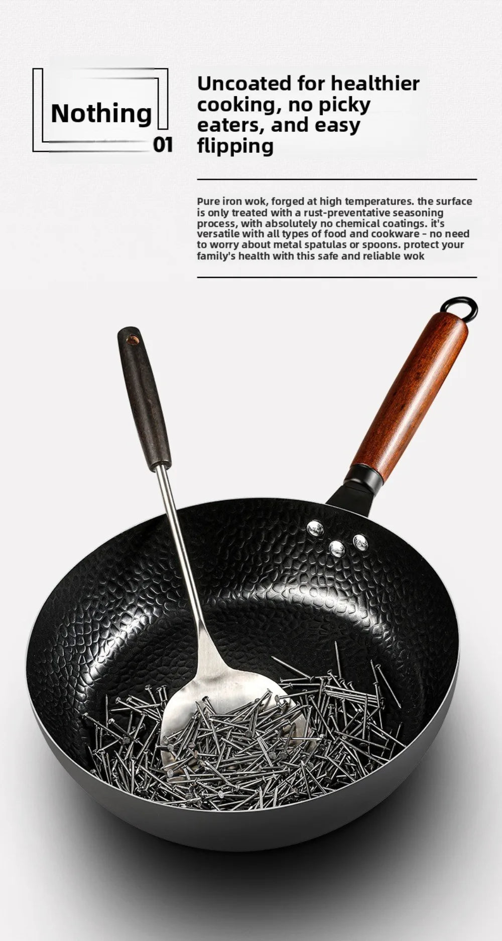 Hand Forged Cast Iron Pan Wooden Handle Uncoated