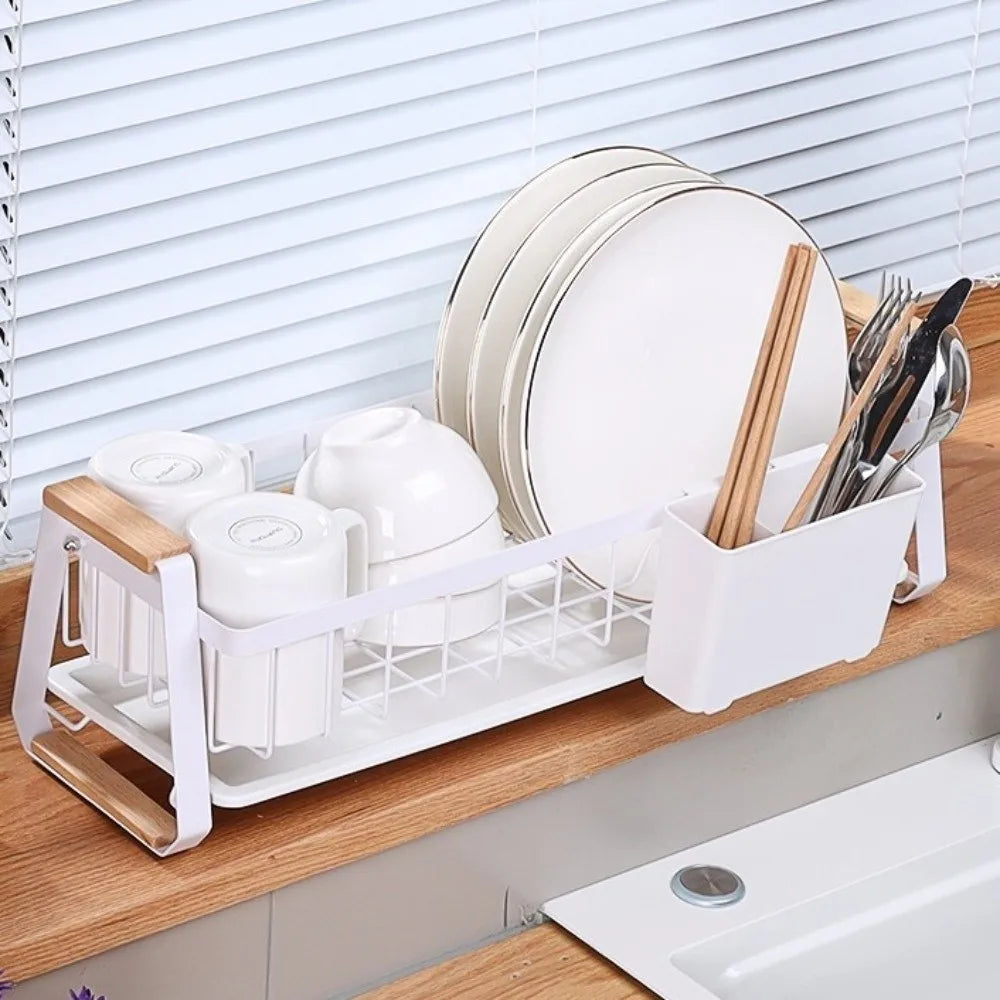 Detachable Dish Rack Wooden Handle Metal Frame Organizer