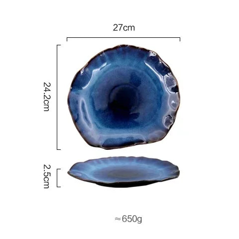 Ceramic Plates Deep Blue Irregular Flat Plate Pottery