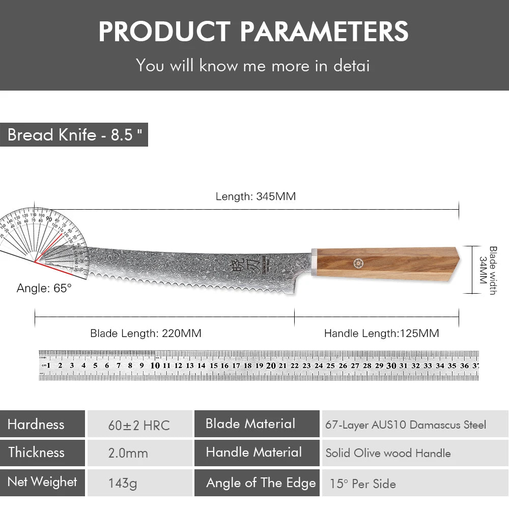 Bread Knife Hand Forged Damascus Steel Japanese Chef