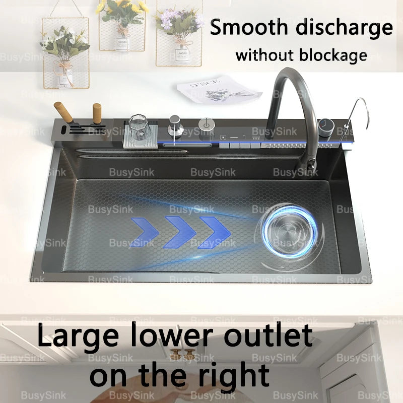 Stainless Steel Waterfall Sink Digital Display Large Slot