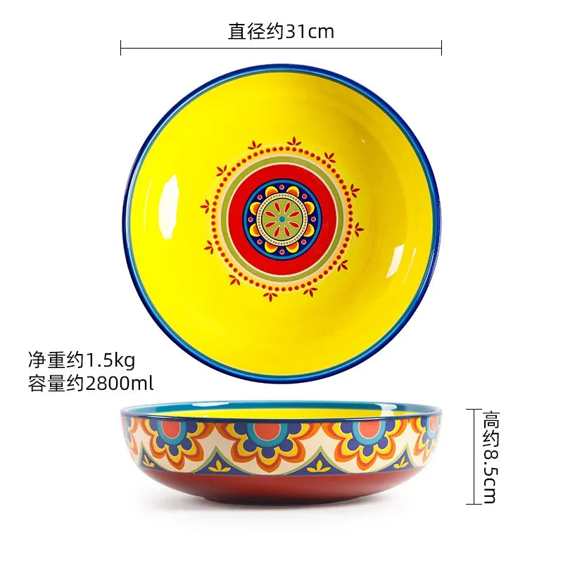 1pcs Ceramic Tableware Bohemian Flat Dinner Plate Western