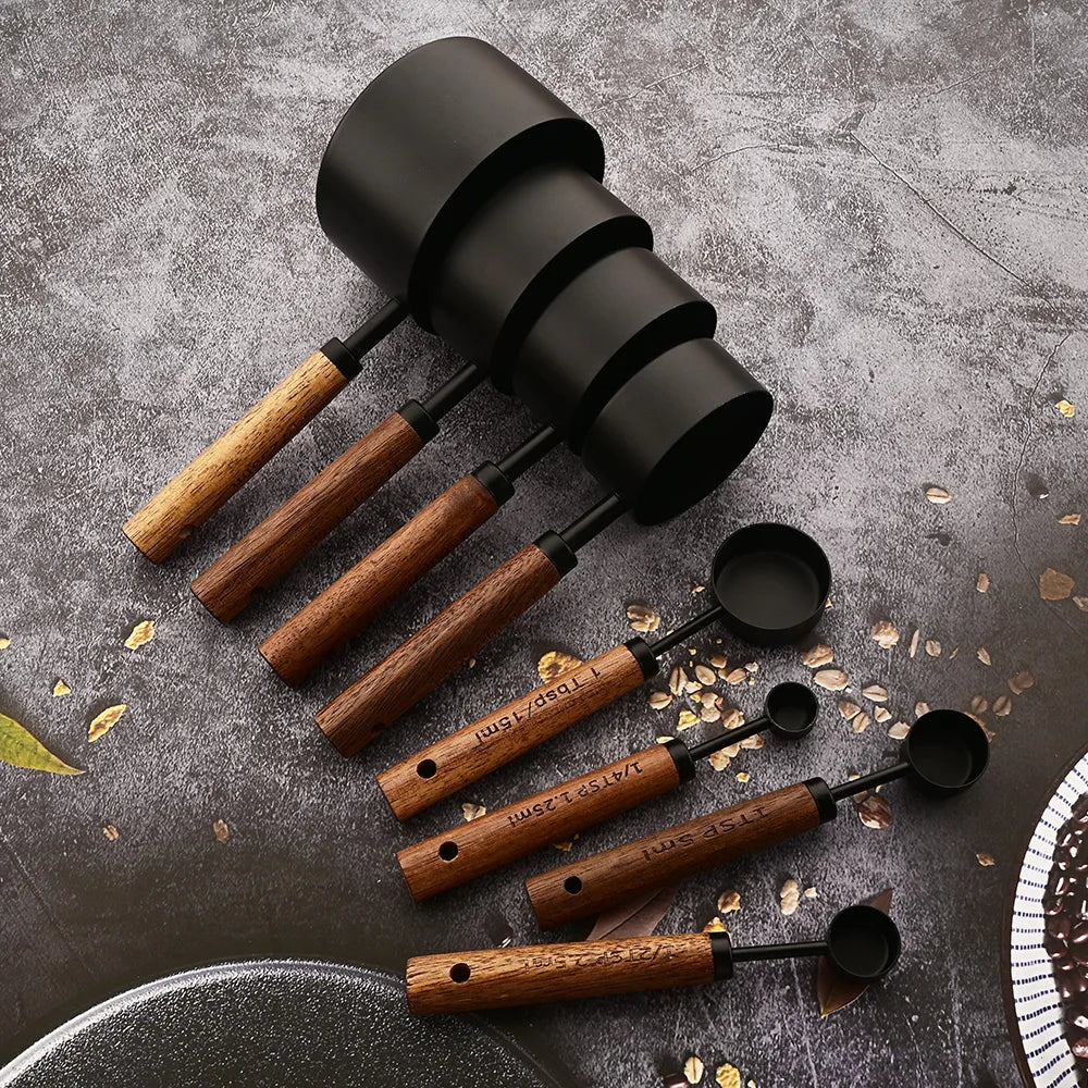 1/4/8pcs Gold Wooden Handle Stainless Steel Measuring Cups