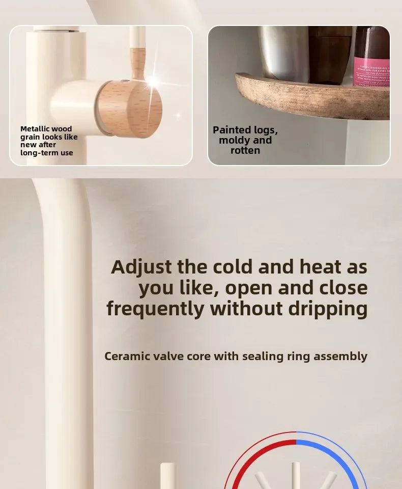 Cream Wooden Handle All Copper Faucet - Pull-Out