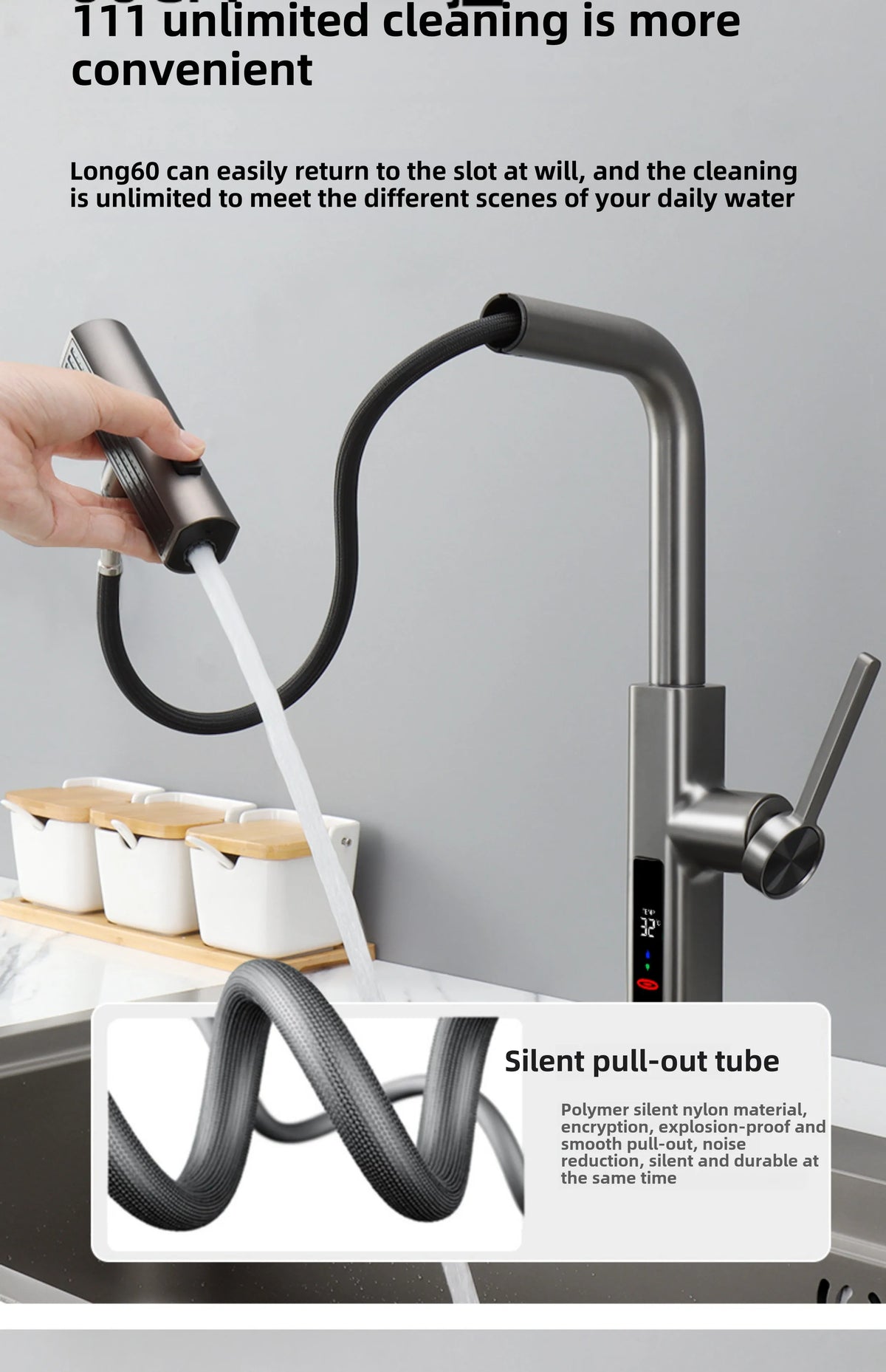 Faucet Cold Digital Display Pull-Out Rotatable Multi-Functional