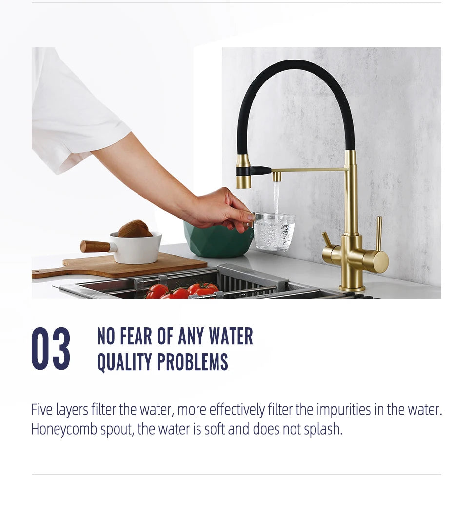 Brushed Gold Faucet Filter 360 Swivel Pure Water
