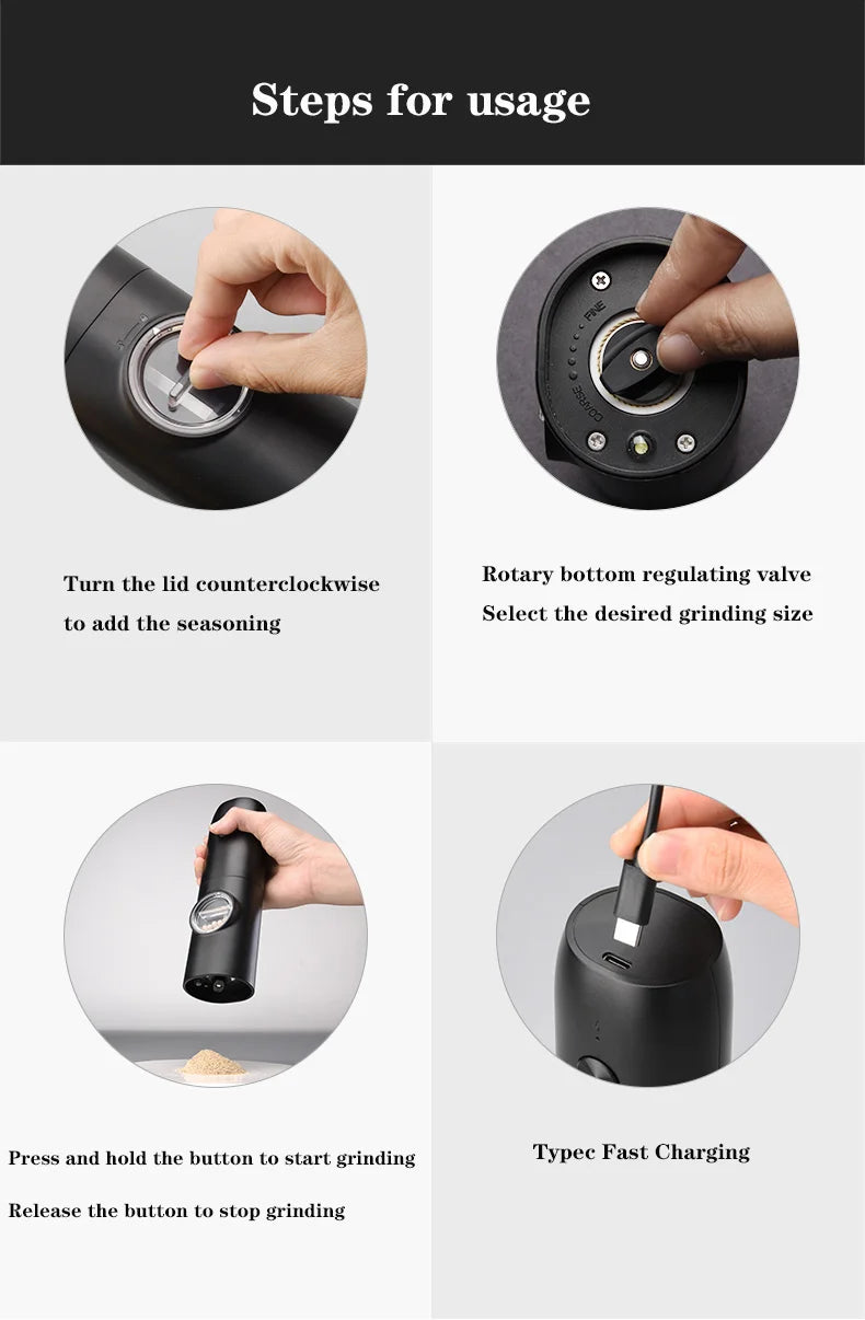 Usb Charging Electric Salt Pepper Grinder Rechargeable Adjustable