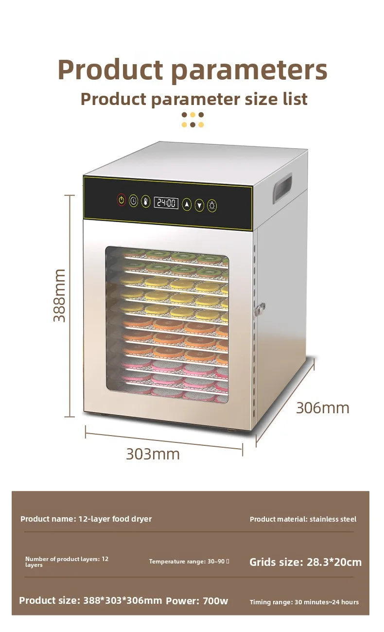 12-Tier Commercial & Food Dehydrator 750w Stainless Steel