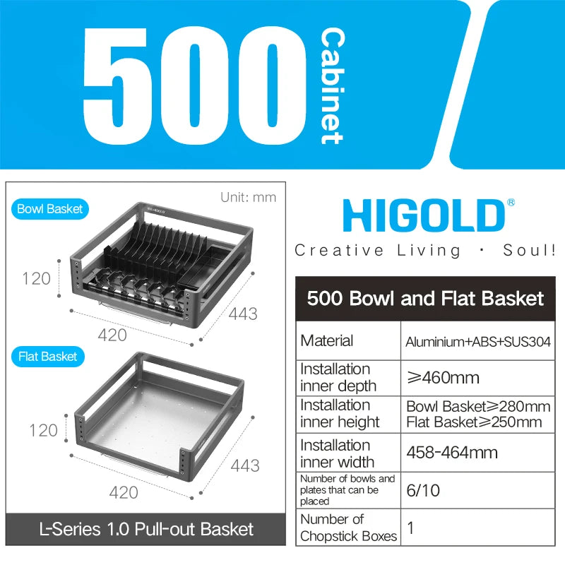 Higold 500mm Cabinet Pull Basket Double Drawer Dish