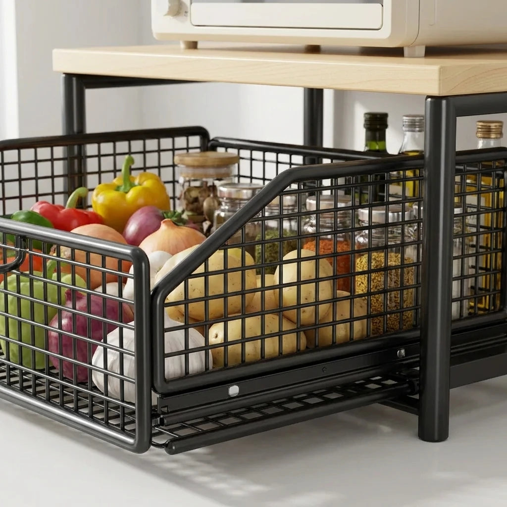2-Tier Organizer Rack Sliding Drawer Metal Microwave Stand