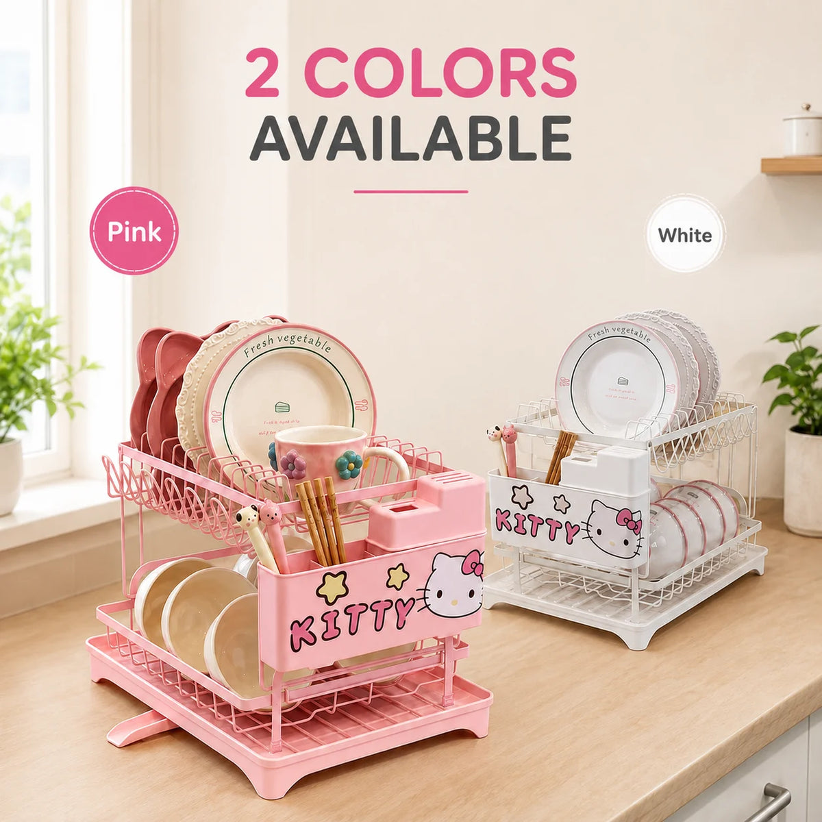 Cute Hello Kitty 2-Tier Dish Drying Rack Drain