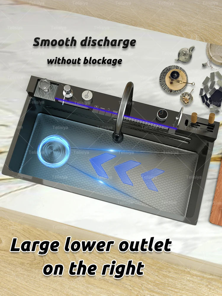 Stainless Steel Sink Digital Display Waterfall Large Slot